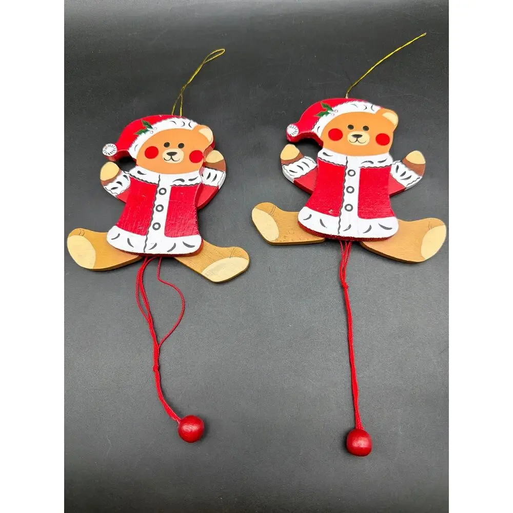 Vintage 1980s Jointed Wooden Teddy Bear Ornaments Set 2 Taiwan 5.5” Poseable